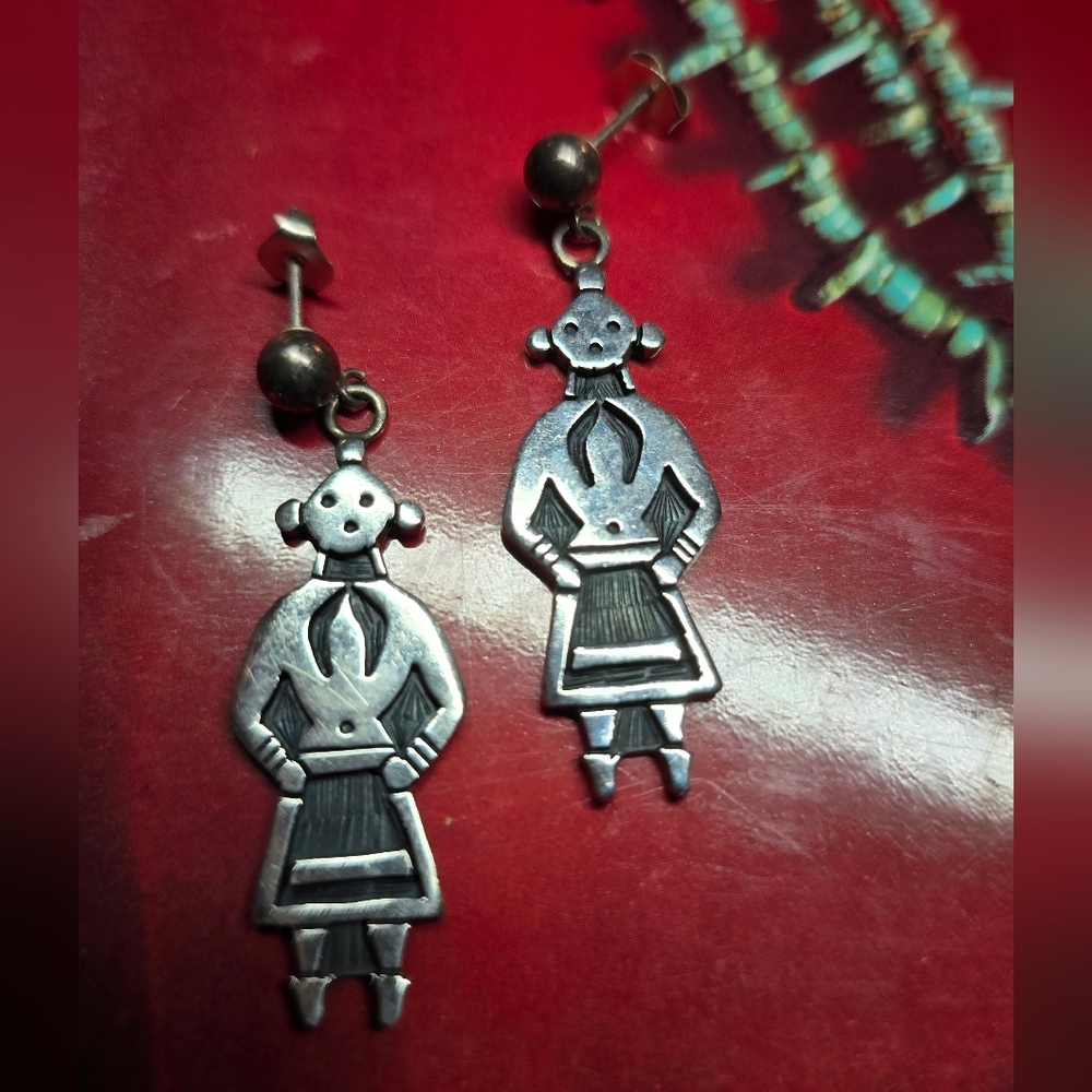 Vintage Hopi Signed Marcus Lomayestewa Silver Tribal Figure Mudhead Earrings